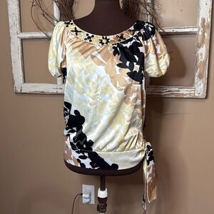 Apostrophe y2k satin beaded women’s shirt size medium brown black cream tie bott